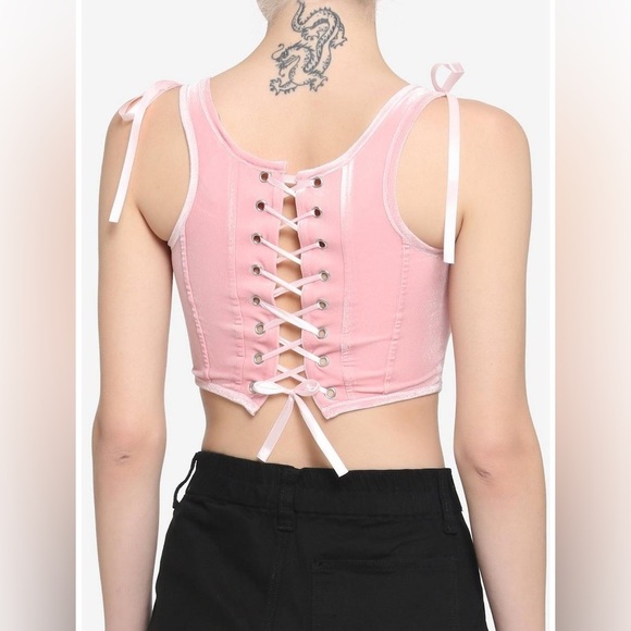 Hot Topic Pink Velvet Lace Up Crop Corset Size Medium Gothic sleeveless - Picture 3 of 9